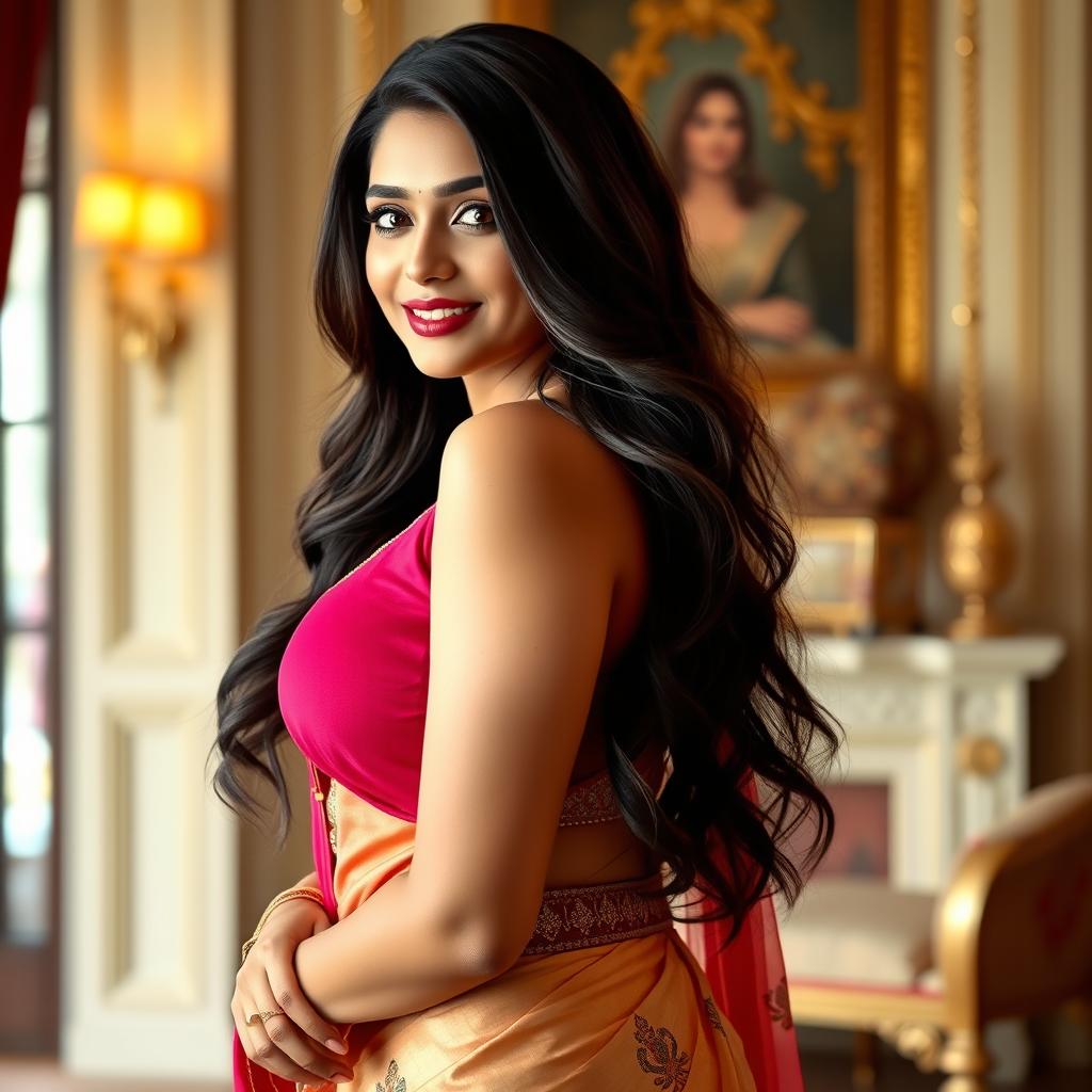 A beautiful and confident Indian woman with a curvy silhouette, showcasing her busty figure while wearing a stylish traditional outfit