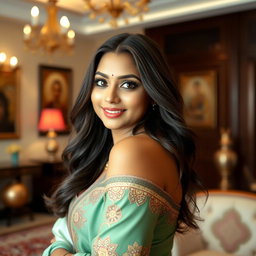 A beautiful and confident Indian woman with a curvy silhouette, showcasing her busty figure while wearing a stylish traditional outfit