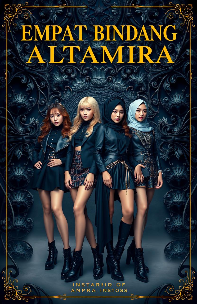 A vibrant and captivating cover design inspired by 'Empat Bintang Altamira' by ANPRA, featuring four cool girls as the main focus