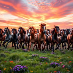 A herd of wild horses galloping freely in a vibrant landscape, with an explosion of aesthetic colors surrounding them