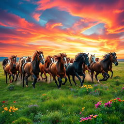 A herd of wild horses galloping freely in a vibrant landscape, with an explosion of aesthetic colors surrounding them