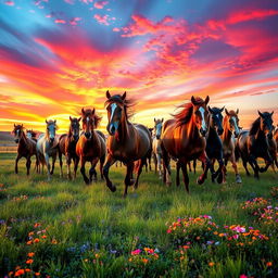 A herd of wild horses galloping freely in a vibrant landscape, with an explosion of aesthetic colors surrounding them