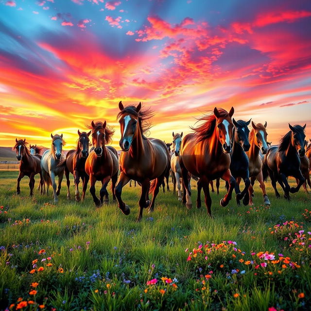 A herd of wild horses galloping freely in a vibrant landscape, with an explosion of aesthetic colors surrounding them