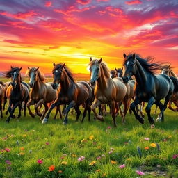 A herd of wild horses galloping freely in a vibrant landscape, with an explosion of aesthetic colors surrounding them