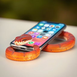 A smartphone with a realistic snake coiling around it, showcasing intricate scales and vibrant colors