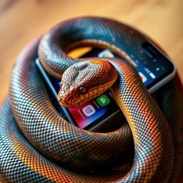 A smartphone with a realistic snake coiling around it, showcasing intricate scales and vibrant colors
