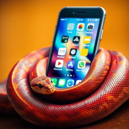 A smartphone with a realistic snake coiling around it, showcasing intricate scales and vibrant colors