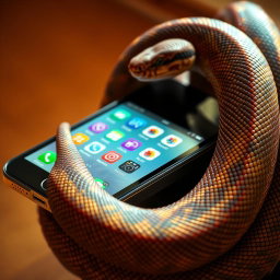 A smartphone with a realistic snake coiling around it, showcasing intricate scales and vibrant colors