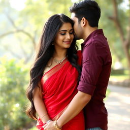 A beautiful busty Indian woman with long, flowing dark hair, wearing a vibrant red traditional sari that accentuates her curves, leaning in for a romantic kiss with a handsome partner