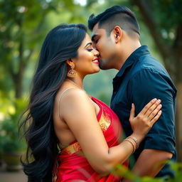 A beautiful busty Indian woman with long, flowing dark hair, wearing a vibrant red traditional sari that accentuates her curves, leaning in for a romantic kiss with a handsome partner