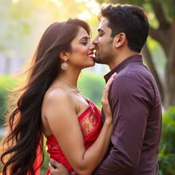 A beautiful busty Indian woman with long, flowing dark hair, wearing a vibrant red traditional sari that accentuates her curves, leaning in for a romantic kiss with a handsome partner
