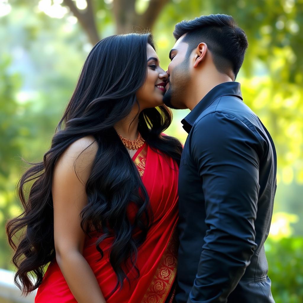 A beautiful busty Indian woman with long, flowing dark hair, wearing a vibrant red traditional sari that accentuates her curves, leaning in for a romantic kiss with a handsome partner