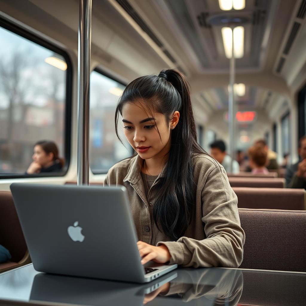 A young female programmer working on a laptop inside a Fadak train, showcasing a modern and tech-savvy atmosphere