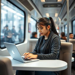 A young female programmer working on a laptop inside a Fadak train, showcasing a modern and tech-savvy atmosphere