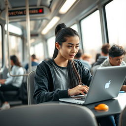 A young female programmer working on a laptop inside a Fadak train, showcasing a modern and tech-savvy atmosphere