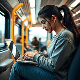 A young female programmer working on a laptop inside a Fadak train, showcasing a modern and tech-savvy atmosphere