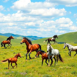 A dynamic scene featuring multiple wild horses in various poses, showcasing their strength and elegance