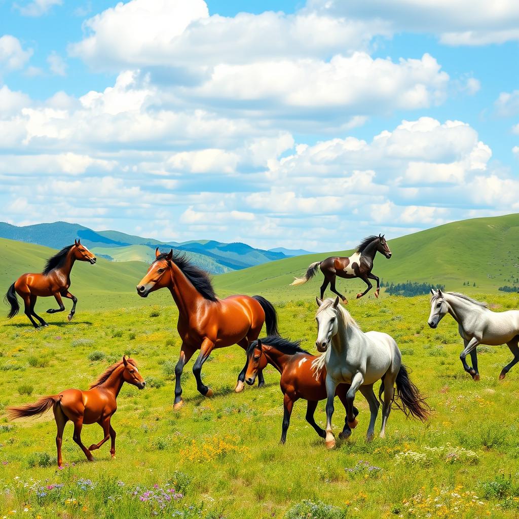 A dynamic scene featuring multiple wild horses in various poses, showcasing their strength and elegance