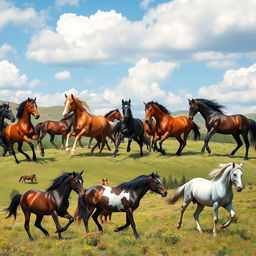 A dynamic scene featuring multiple wild horses in various poses, showcasing their strength and elegance