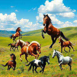 A dynamic scene featuring multiple wild horses in various poses, showcasing their strength and elegance