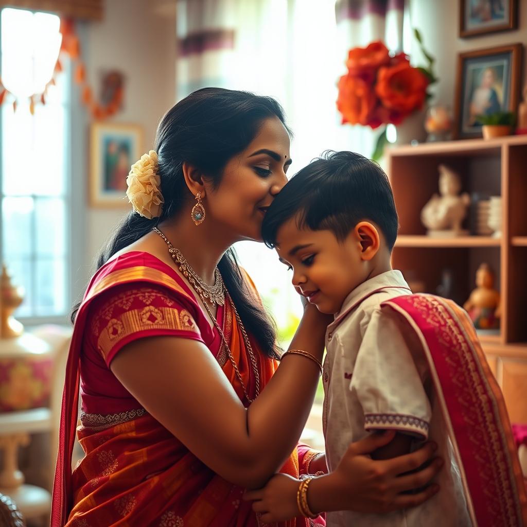 A beautiful Indian woman with an elegant appearance, wearing a colorful traditional outfit, leaning down to kiss her young son on the forehead