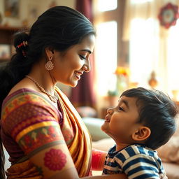 A beautiful Indian woman with an elegant appearance, wearing a colorful traditional outfit, leaning down to kiss her young son on the forehead