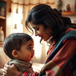 A beautiful Indian woman with an elegant appearance, wearing a colorful traditional outfit, leaning down to kiss her young son on the forehead