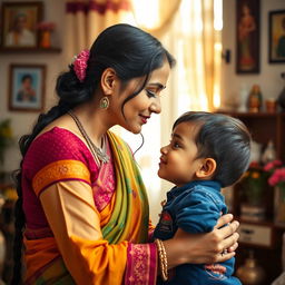 A beautiful Indian woman with an elegant appearance, wearing a colorful traditional outfit, leaning down to kiss her young son on the forehead