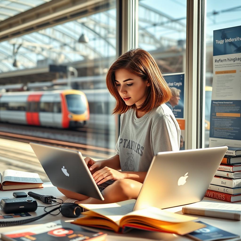 A young woman sitting in a bright, sunlit room, surrounded by high-tech gadgets and programming books, deeply focused as she codes on her laptop