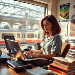 A young woman sitting in a bright, sunlit room, surrounded by high-tech gadgets and programming books, deeply focused as she codes on her laptop