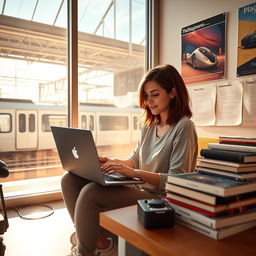 A young woman sitting in a bright, sunlit room, surrounded by high-tech gadgets and programming books, deeply focused as she codes on her laptop