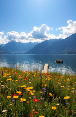 A serene landscape featuring a tranquil lake surrounded by majestic mountains
