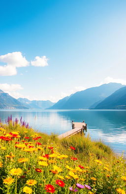 A serene landscape featuring a tranquil lake surrounded by majestic mountains