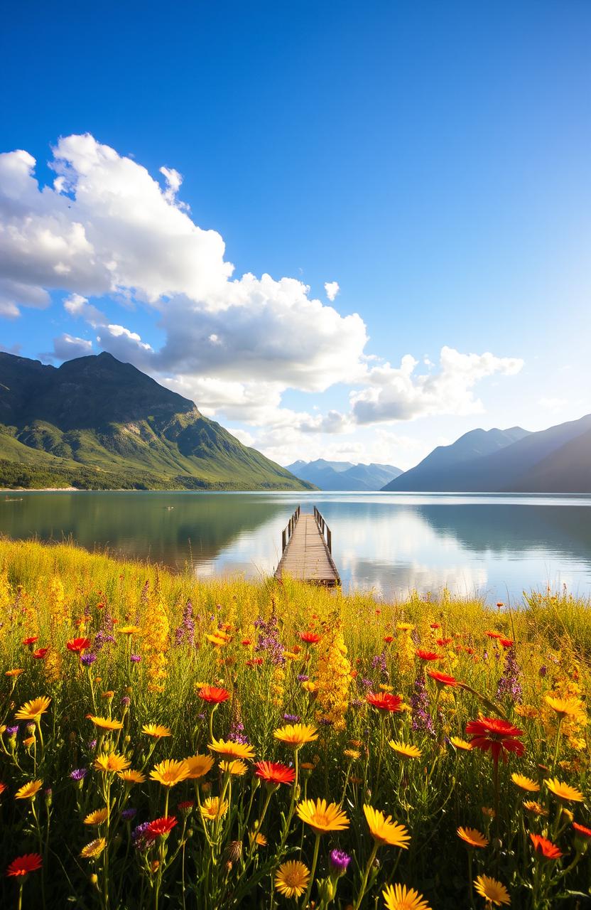 A serene landscape featuring a tranquil lake surrounded by majestic mountains