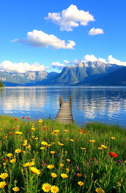 A serene landscape featuring a tranquil lake surrounded by majestic mountains