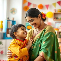 A beautiful Indian woman with a warm and loving expression, wearing a traditional colorful outfit, engaging in a playful moment with her young son
