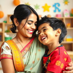 A beautiful Indian woman with a warm and loving expression, wearing a traditional colorful outfit, engaging in a playful moment with her young son