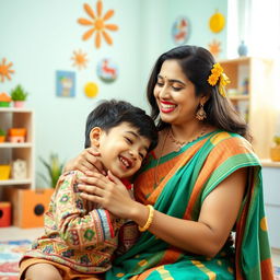 A beautiful Indian woman with a warm and loving expression, wearing a traditional colorful outfit, engaging in a playful moment with her young son