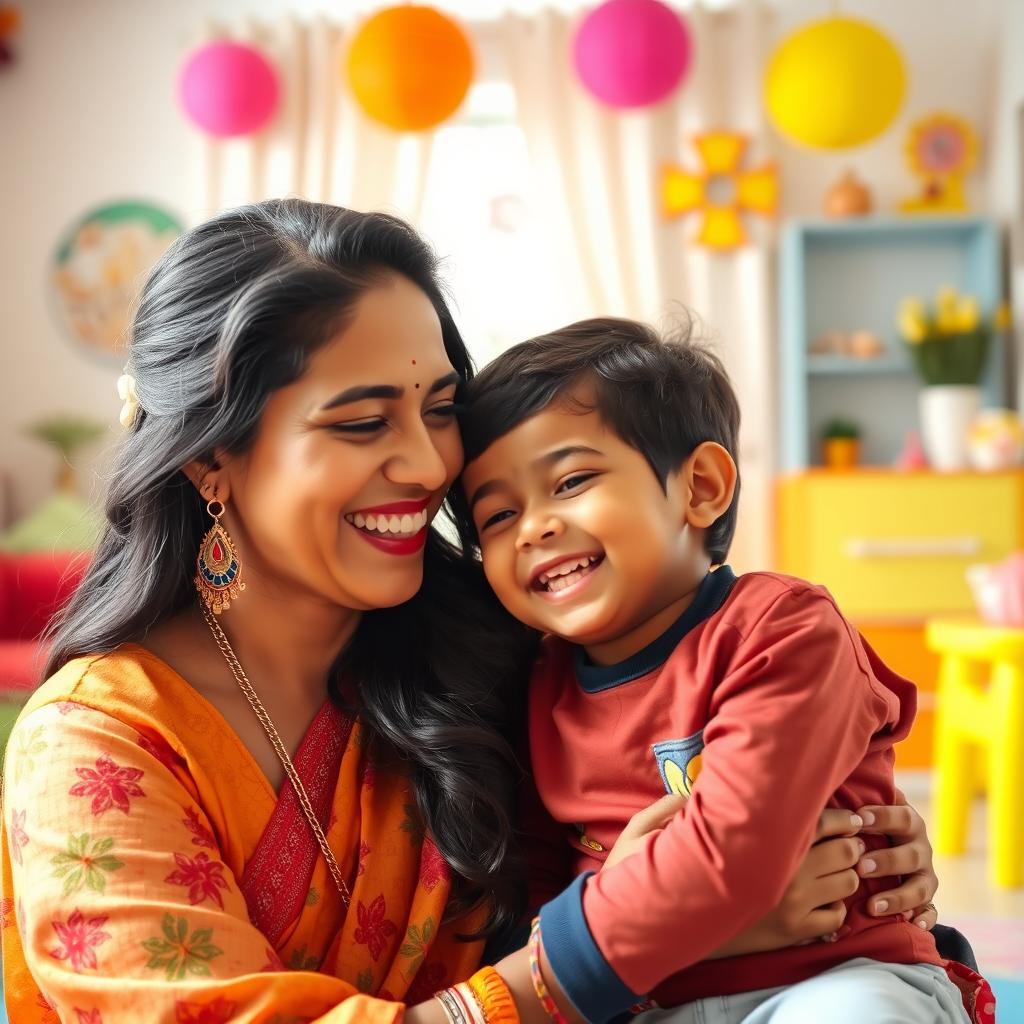 A beautiful Indian woman with a warm and loving expression, wearing a traditional colorful outfit, engaging in a playful moment with her young son