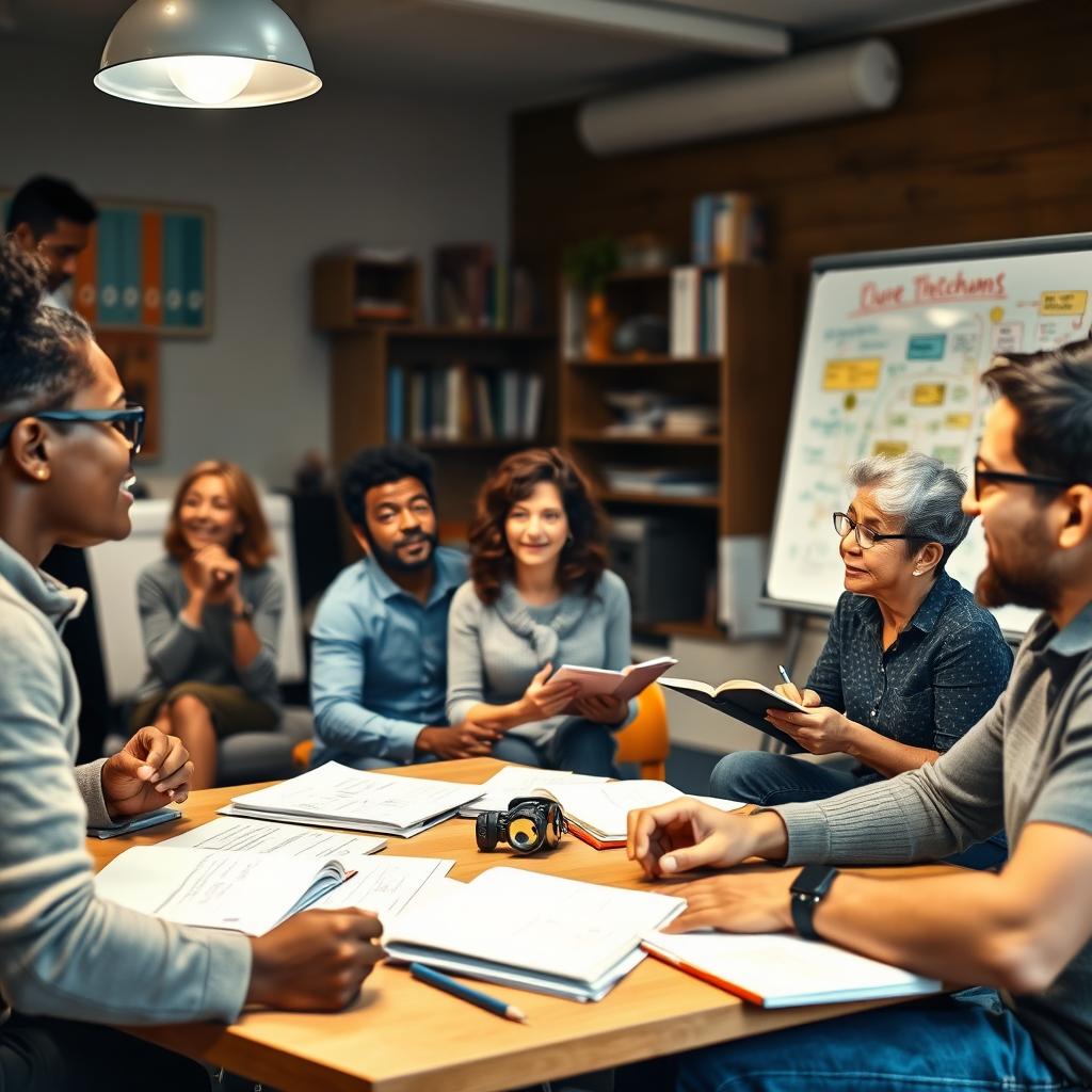 An engaging scene of a diverse group of adult learners in a cozy classroom setting participating in a dynamic crash course