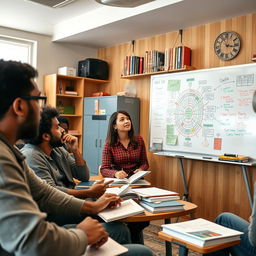An engaging scene of a diverse group of adult learners in a cozy classroom setting participating in a dynamic crash course