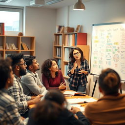 An engaging scene of a diverse group of adult learners in a cozy classroom setting participating in a dynamic crash course