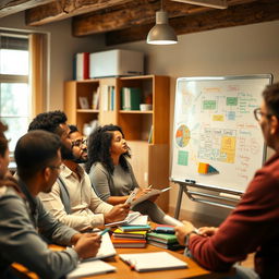 An engaging scene of a diverse group of adult learners in a cozy classroom setting participating in a dynamic crash course