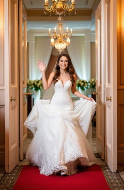 A young woman entering a grand doorway, radiating excitement as she wears a stunning wedding gown