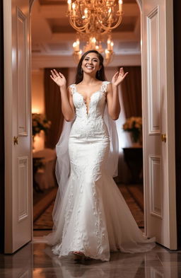 A young woman entering a grand doorway, radiating excitement as she wears a stunning wedding gown