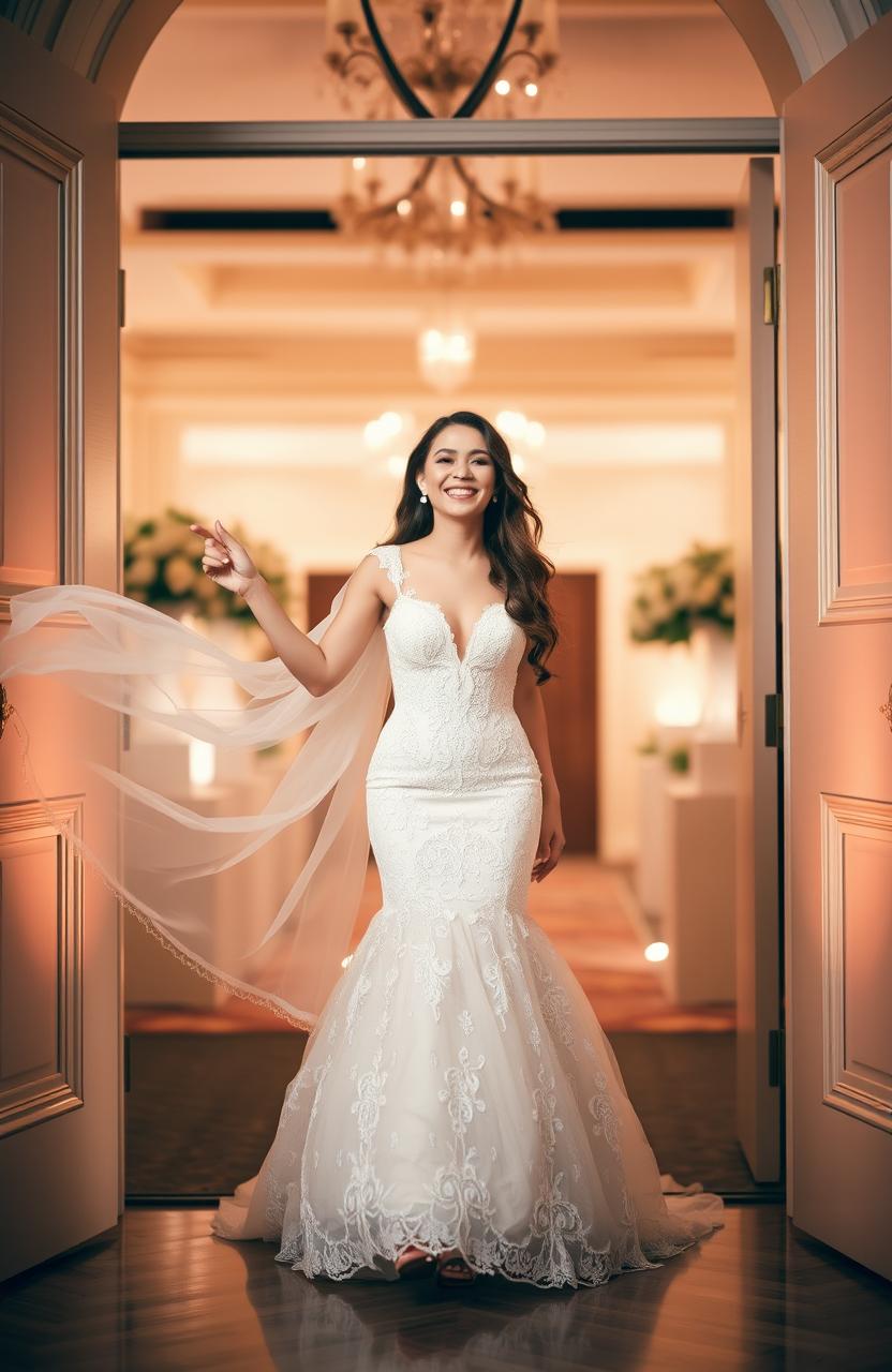 A young woman entering a grand doorway, radiating excitement as she wears a stunning wedding gown