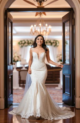 A young woman entering a grand doorway, radiating excitement as she wears a stunning wedding gown