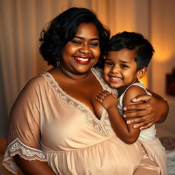 A busty, chubby Indian woman with a joyful expression, dressed in an elegant nightgown featuring a tasteful deep V-neck design that gracefully accentuates her figure
