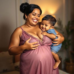 A busty, chubby Indian woman with a joyful expression, dressed in an elegant nightgown featuring a tasteful deep V-neck design that gracefully accentuates her figure