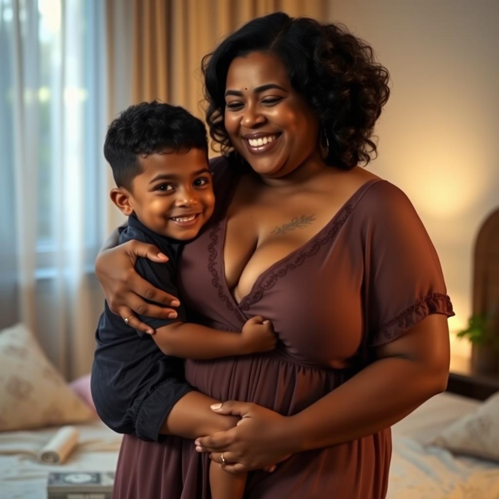 A busty, chubby Indian woman with a joyful expression, dressed in an elegant nightgown featuring a tasteful deep V-neck design that gracefully accentuates her figure